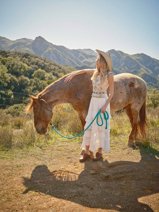 Western Buckle Strap Embroidered Denim Top
