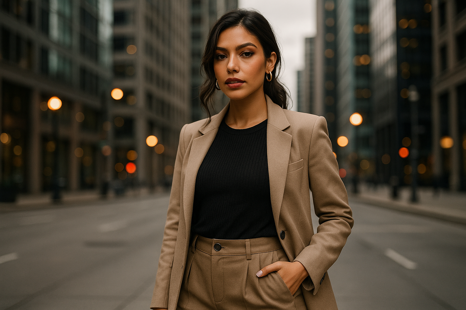 latin woman model in stylish clothing in a city background