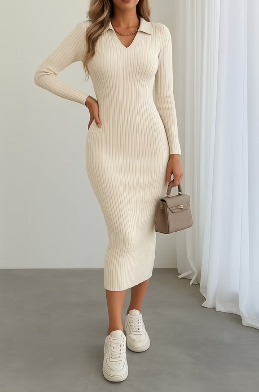 Beige Bodycon Dress With Plunging Neck And Long Sleeves