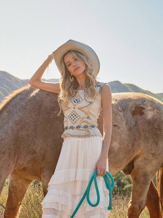Western Buckle Strap Embroidered Denim Top